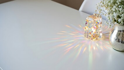 Modern iridescent glass lamp casting rainbow light on white table, minimalist home decor, serene atmosphere.