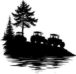 Fototapeta premium Tractor Convoy Silhouette with Forest Background vector bundle