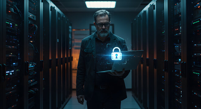 Server Room Security: Man with Laptop and Digital Lock