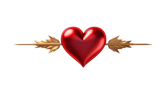 A striking red heart pierced by a golden arrow symbolizing love and romance  isolated on transparent background