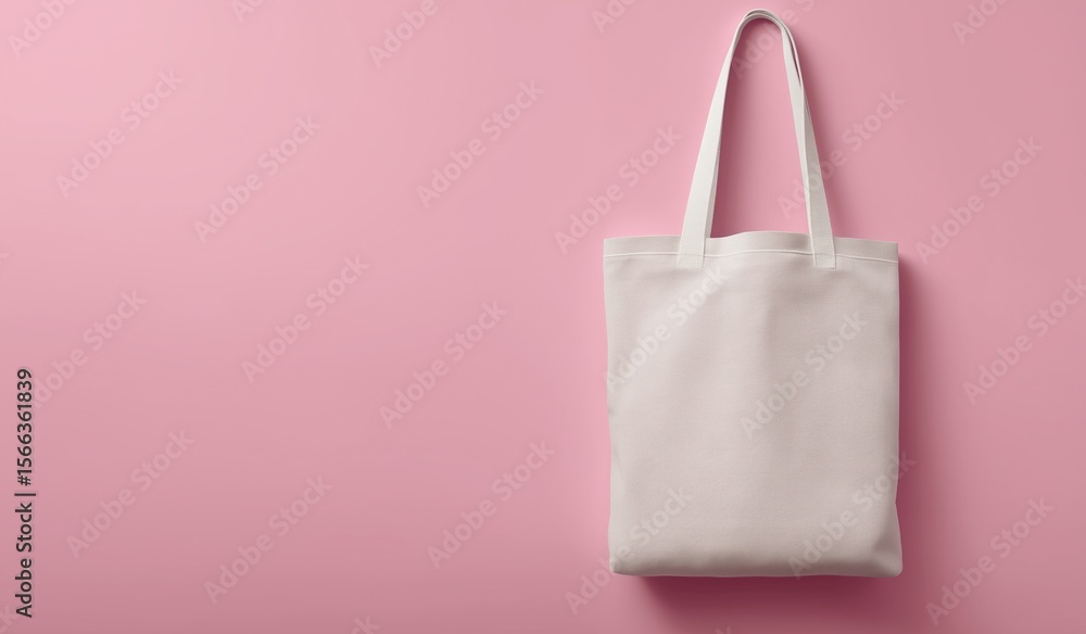 Poster white blank canvas tote bag mockup hanging on flat pastel pink background, top view with long handle