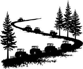 Obraz premium Tractor Convoy Silhouette with Forest Background