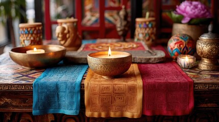 Colorful table setting with candles and decorative items.