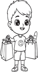 Happy Cartoon Boy Carrying Grocery Bags Line Art – Cute Shopping Kid Outline Illustration for Coloring, Education, Kids Activity, Market Scenes


