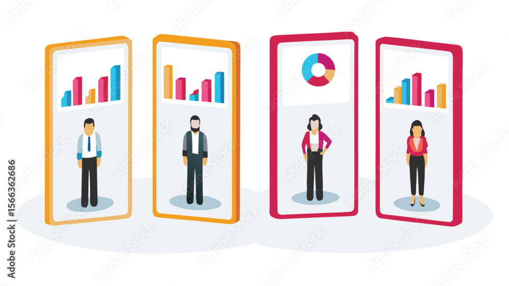 Aufkleber people standing behind charts and graphs in different colors and styles on a white background