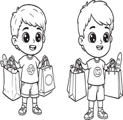 Happy Cartoon Boy Carrying Grocery Bags Line Art – Cute Shopping Kid Outline Illustration for Coloring, Education, Kids Activity, Market Scenes

