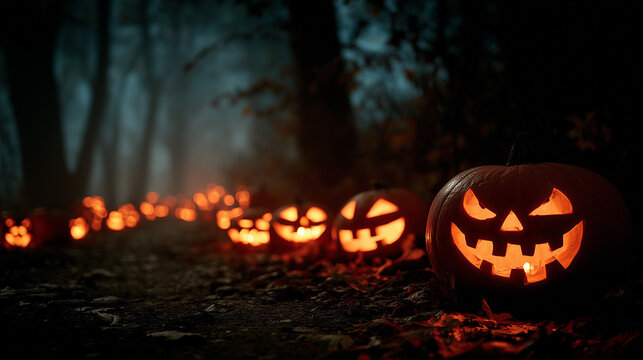 Close up lot of halloween pumpkins , black forest background.