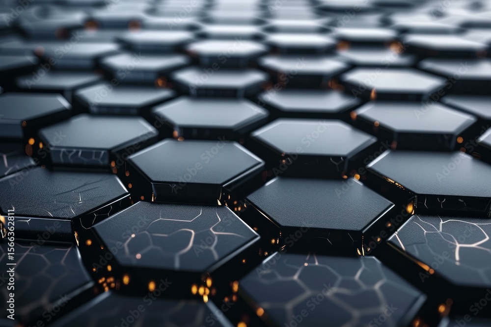 Poster abstract background showing futuristic black hexagonal surface with glowing orange cracks spreading,