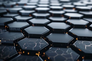 Obraz premium Abstract background showing futuristic black hexagonal surface with glowing orange cracks spreading, creating a technological and modern feel