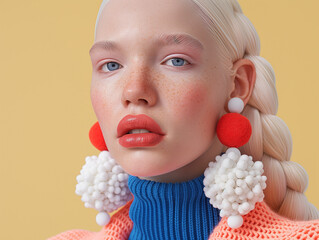 Fashion portrait of a woman with platinum blonde braided hair, bold red and white earrings, and blue turtleneck sweater. Modern winter editorial with playful pop aesthetics.