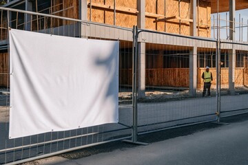 White blank construction banner on urban fence with worker in safety vest. Ideal for advertisement mockups, real estate development, and commercial outdoor marketing design projects.