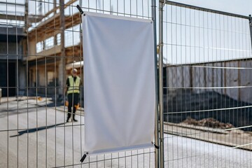 White blank construction banner on urban fence with worker in safety vest. Ideal for advertisement mockups, real estate development, and commercial outdoor marketing design projects.