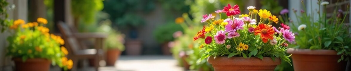 Sun-Drenched Patio with Vibrant Wildflowers in a Terracotta Pot Rustic Charm for Home Decor