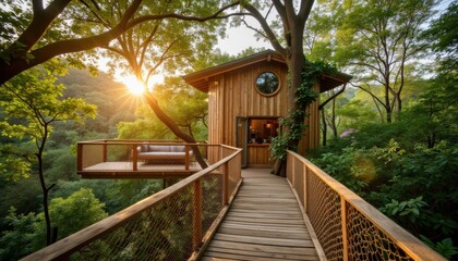 A cozy treehouse nestled in the woods during sunset with a wooden pathway leading to it