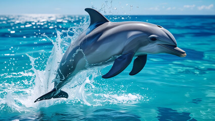 Dolphin leaping from ocean water creating splash Marine Mammal Wildlife