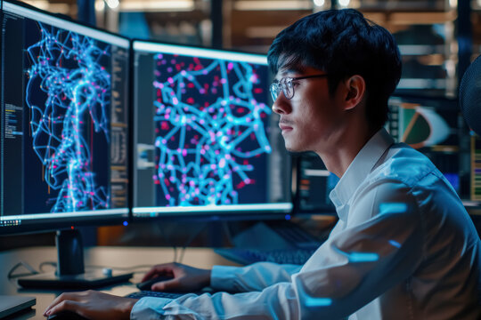 Data Scientist Analyzing Glowing Artificial Intelligence Algorithm Flow Visualization on Transparent Computer Display