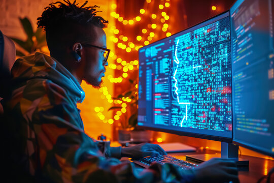 Data Scientist Analyzing Glowing Artificial Intelligence Algorithm Flow Visualization on Transparent Computer Display - Powered by Adobe