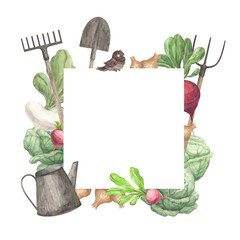 Frame of vegetables, watering can and garden tools