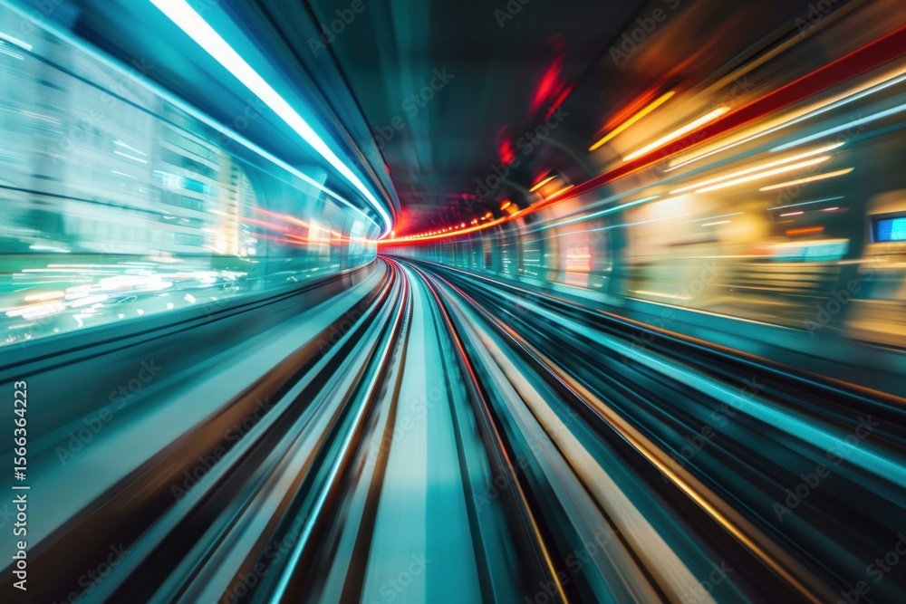 Poster fast moving train speeding through futuristic tunnel with motion blur and light trails