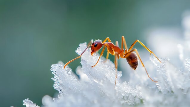 A red ant stands on a white icy flower