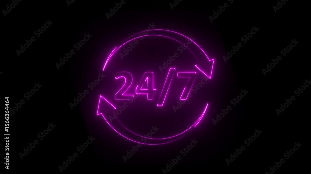 Poster glowing neon 24 hours 7 days in week order execution or service icons. customer service icon animati