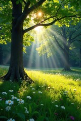 Sun-Dappled Beech Meadow Wildflowers Peaceful Nature Scene, Lush Greenery, Blooming Flowers, Tranquil Rural Landscape, Perfect for Nature Lovers