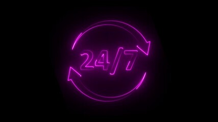 Glowing neon 24 hours 7 days in week order execution or service icons. Customer service icon animation .Emergency Customer Service 24-7 support around the clock.
