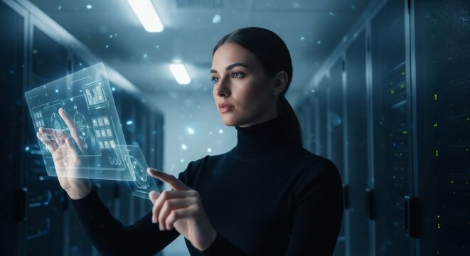 Woman Interacting with Holographic Data in a Server Room - Powered by Adobe