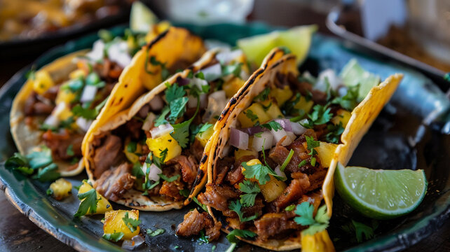 Mouthwatering adobada tacos piled high with marinated pork, pineapple, onion, and cilantro, served with lime.