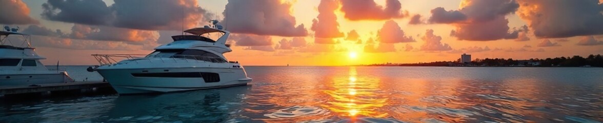 Luxury Miami Beach dock at sunset, glistening water, sleek boats, vibrant sky, perfect tropical getaway , serene, beautiful