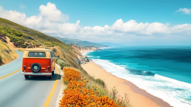 A classic red van cruises along the coastal road with colorful flowers lining the route and waves crashing against the shore