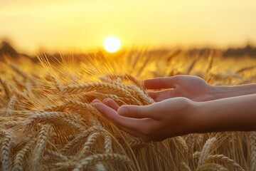 Golden wheat field in warm sunset light with hands gently touching ripe ears of wheat