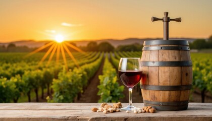 Enjoying fine red wine at sunset next to a barrel in a vineyard with rows of grapevines in the background