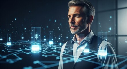 Thoughtful Man Amidst Futuristic Digital Network Interface