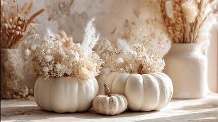 Elegant Autumn Decor White Pumpkins & Dried Flower Arrangements