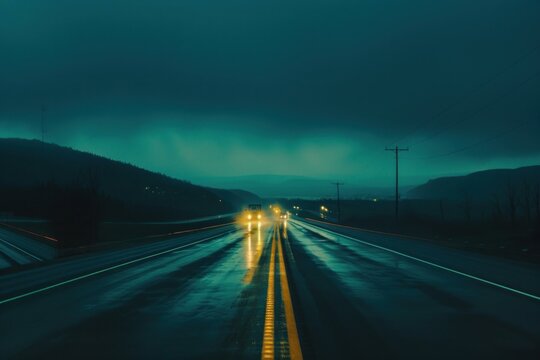 Vehicles driving on a wet highway at night, creating light trails with a dark, cloudy sky in the background