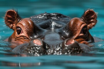 Close up of hippo's face partially submerged, highlighting its eyes, ears, and nostrils