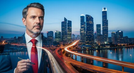 Confident Businessman Overlaying Night Cityscape