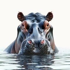 Large hippopotamus partially submerged, facing forward against a clean white backdrop