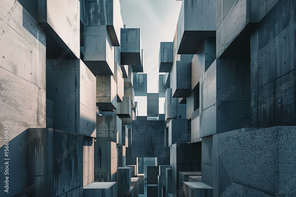 Poster complex arrangement of concrete blocks forms an abstract and futuristic architectural structure