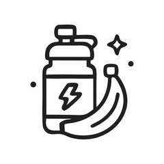 Line drawing of a water bottle with a lightning bolt symbol next to a banana, suggesting energy and fitness.