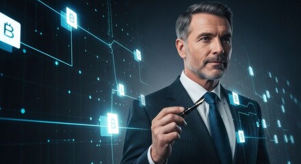 Confident Businessman Interacting with Futuristic Digital Interface