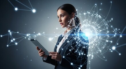 Confident Businesswoman Using Tablet with Digital Network Overlay