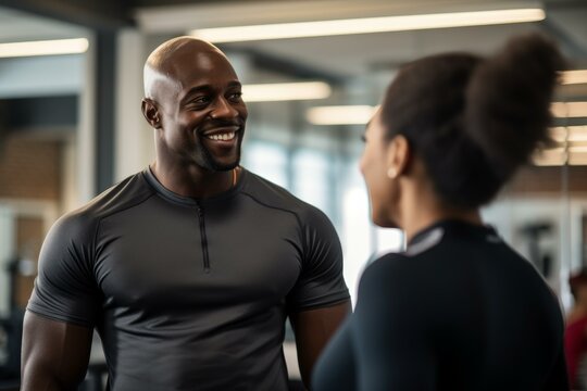 Male personal trainer smiling and talking to female client in gym