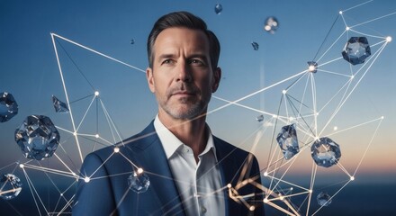 Confident Businessman in a Network of Connections