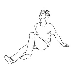 man in full height sitting on the floor or ground leaning his hands behind his back, his leg is extended and the other is bent, face to the sky - hand drawn sketch line art illustration