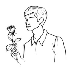 man in shirt holding rose, portrait without face - hand drawn sketch line art illustration