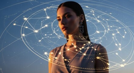 Woman Contemplating Futuristic Network, Digital Constellation Overlay