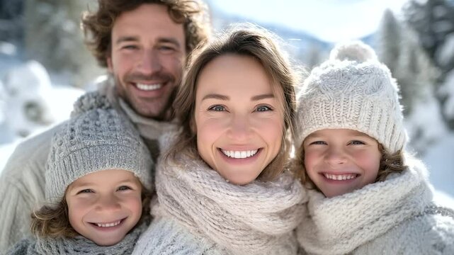 Smiling family group bundled warmly with scarves and wool hats, hugging close on winter stroll through sunlit snowy forest path, warmth and love glow despite chilly weather, celebr
