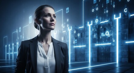 Confident Businesswoman in Futuristic Digital Landscape